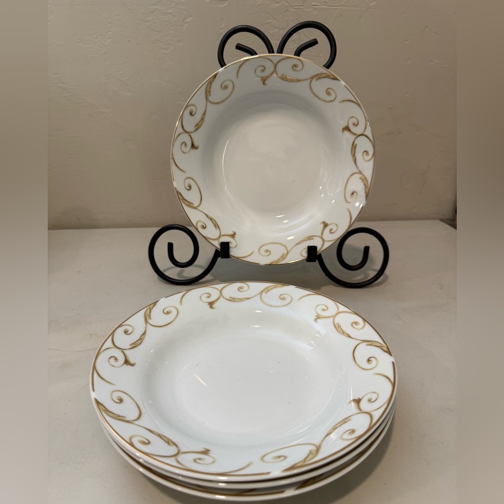 Gibson White Dinner Bowls with Gold Scroll Rim - Set of 4